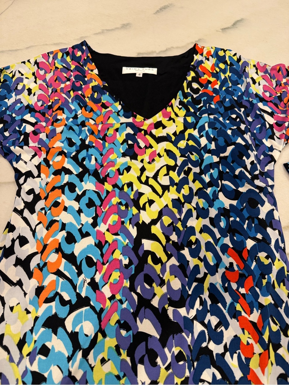 Trina Turk Dress Size 4 Multicolor Geometric V Neck 3/4 Sleeve Shift Lined - Picture 3 of 8
